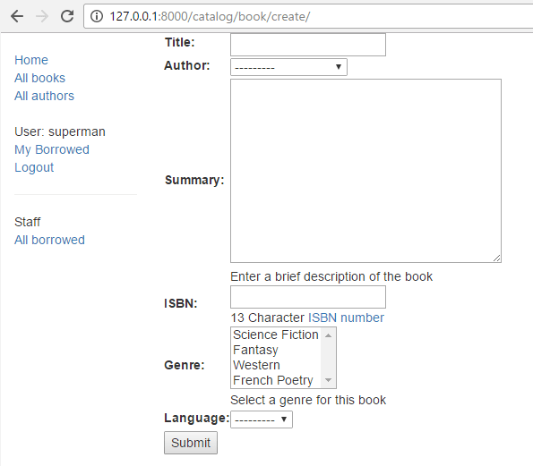 Screenshot displaying various fields in the form like title, author, summary, ISBN, genre and language