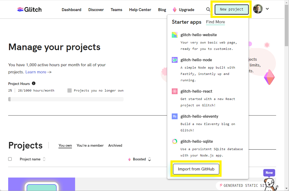 Glitch website dashboard showing a new project button and a popup menu with &quot;Import from GitHub&quot; option