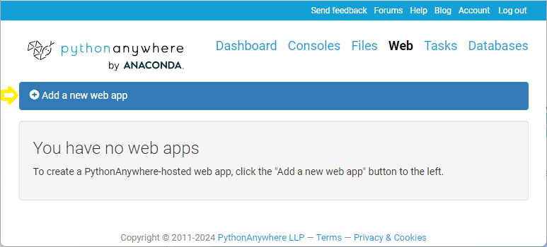 PythonAnywhere &quot;Web&quot; section showing button for adding a new app