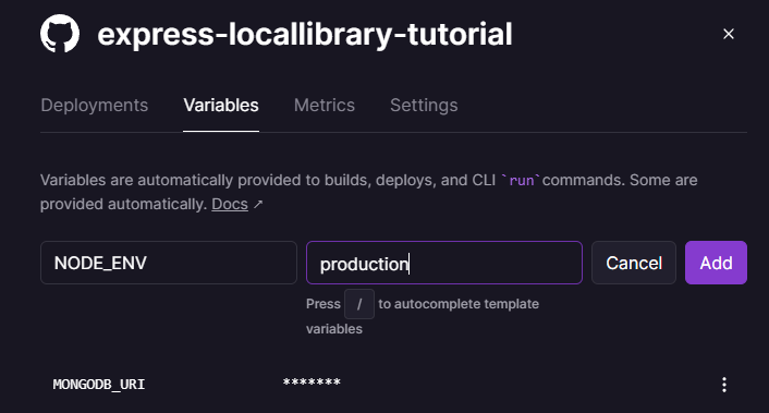 Railway variables tab with new NODE_ENV variable being set to &#39;production&#39;